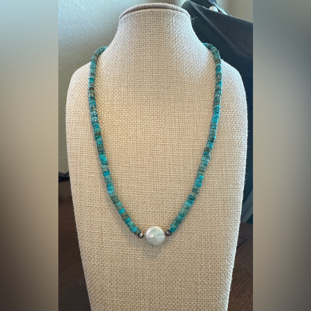 Turquoise Heishi and Pearl Beaded Necklace